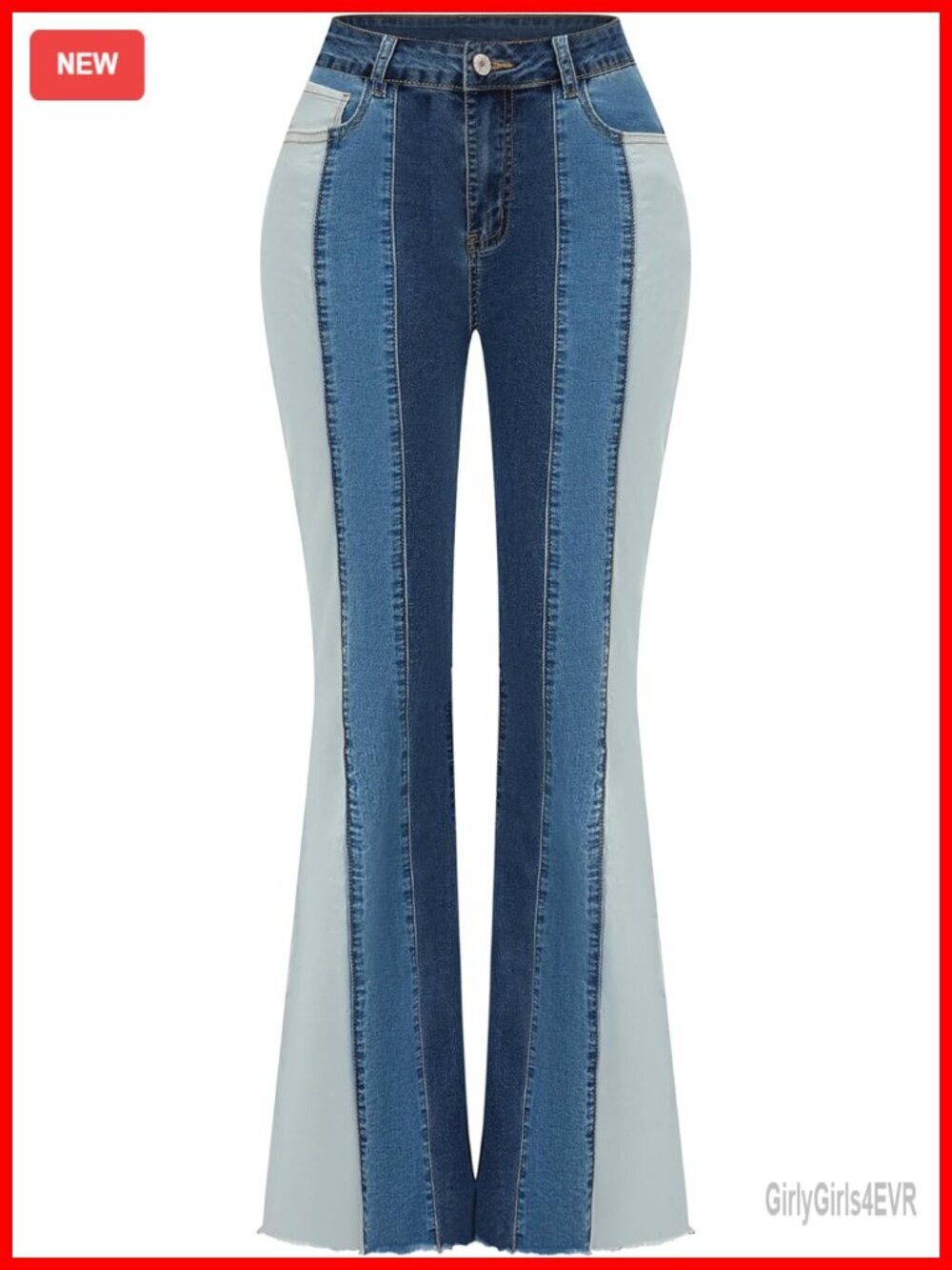 High Waisted Bell Bottom Flare Jeans with Raw Hem Patchwork Stretch Denim